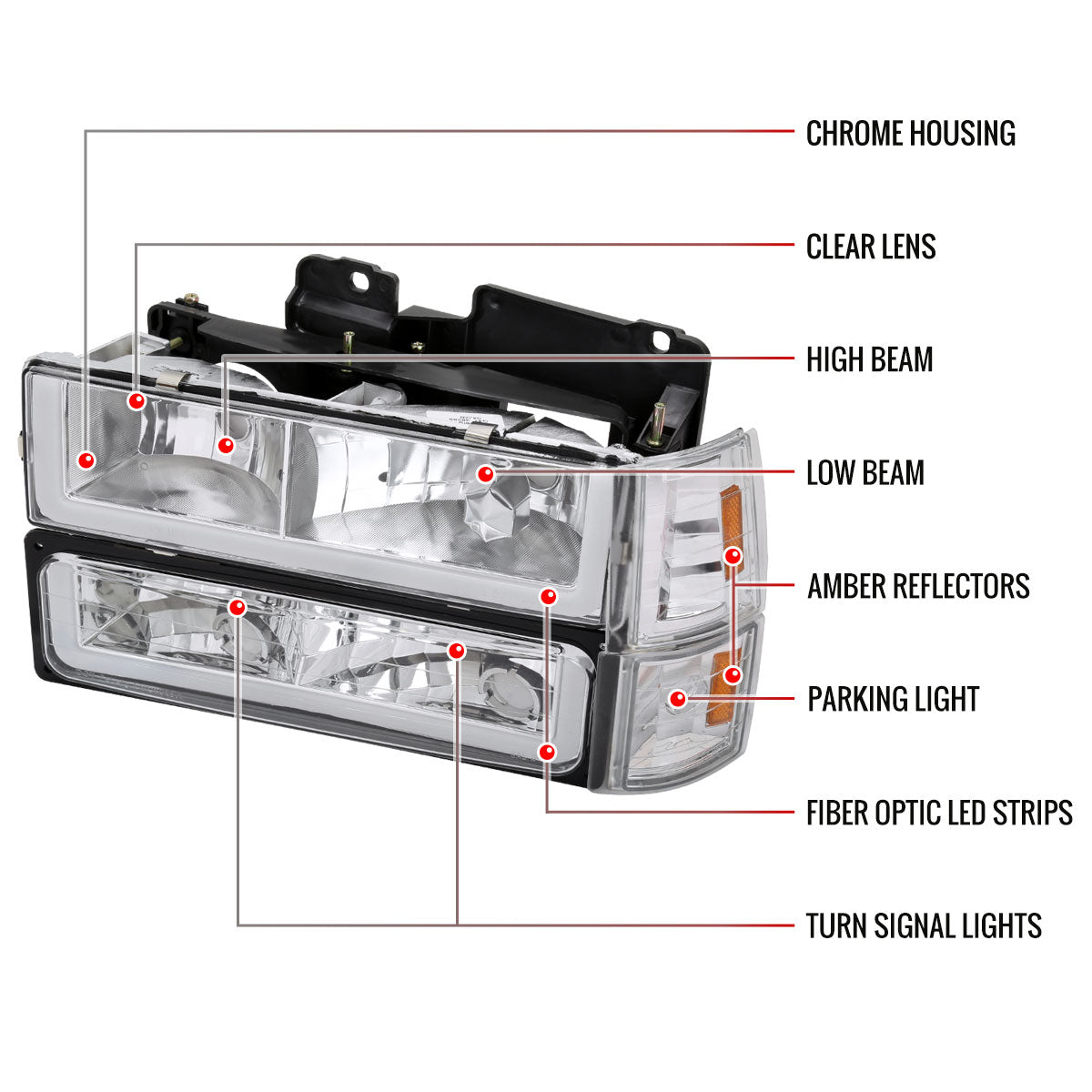 1994-1998 GMC C10/Sierra/Suburban/Yukon Factory Style Headlights w/LED Strip and Bumper & Corner Lights (Chrome Housing/ Clear Lens)
