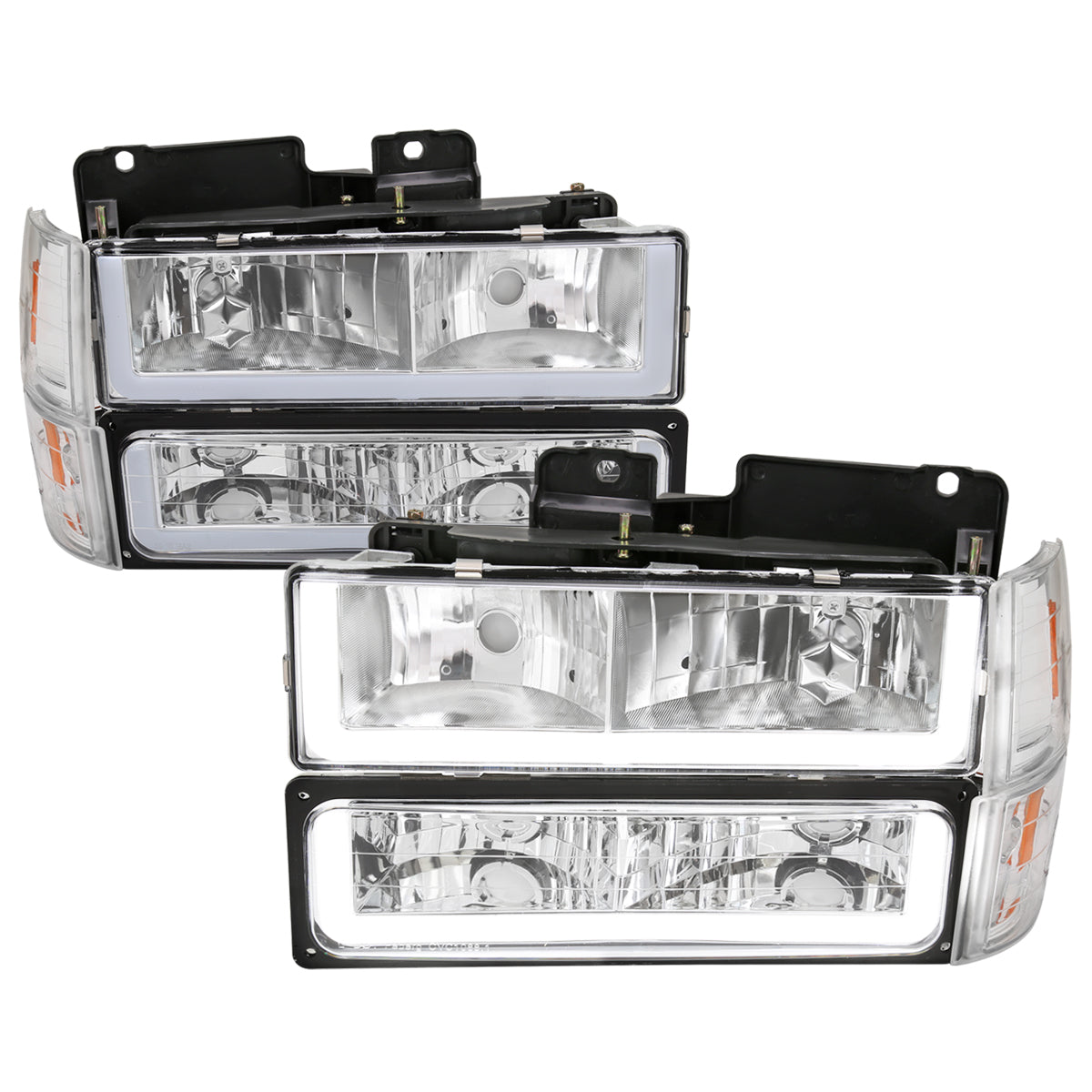 1994-1998 GMC C10/Sierra/Suburban/Yukon Factory Style Headlights w/LED Strip and Bumper & Corner Lights (Chrome Housing/ Clear Lens)