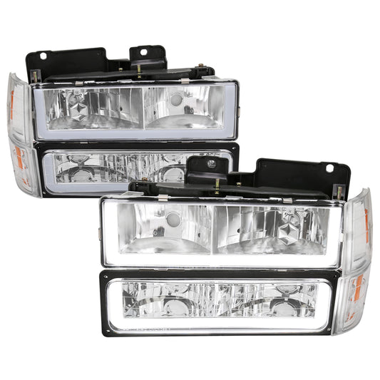 1994-1998 GMC C10/Sierra/Suburban/Yukon Factory Style Headlights w/LED Strip and Bumper & Corner Lights (Chrome Housing/ Clear Lens)