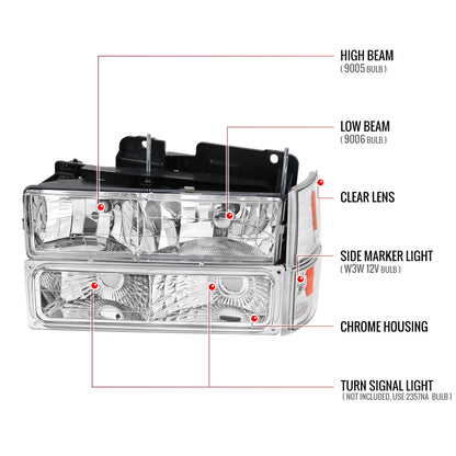 1994-1998 GMC C10/Sierra/Suburban/Yukon Factory Style Headlights w/ Bumper & Corner Lights (Chrome Housing/Clear Lens)