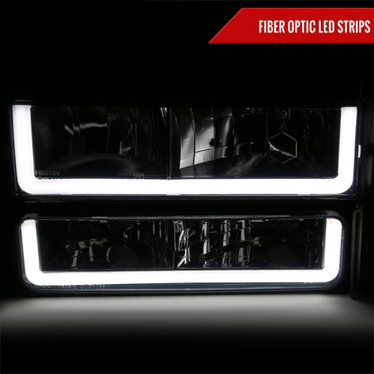 1994-1998 GMC C10/Sierra/Suburban/Yukon Factory Style Headlights w/LED Strip and Bumper & Corner Lights (Chrome Housing/Smoked Lens)