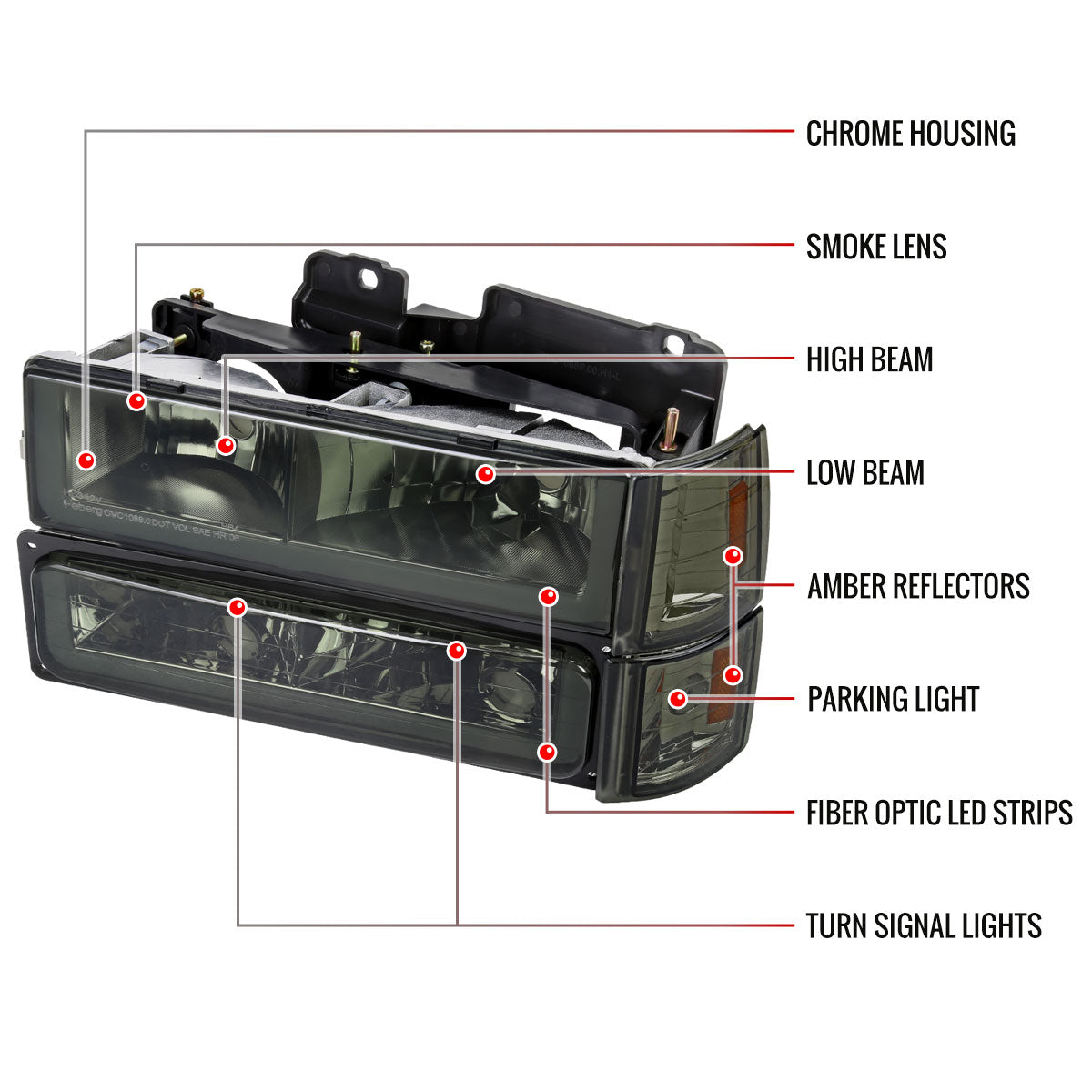 1994-1998 GMC C10/Sierra/Suburban/Yukon Factory Style Headlights w/LED Strip and Bumper & Corner Lights (Chrome Housing/Smoked Lens)