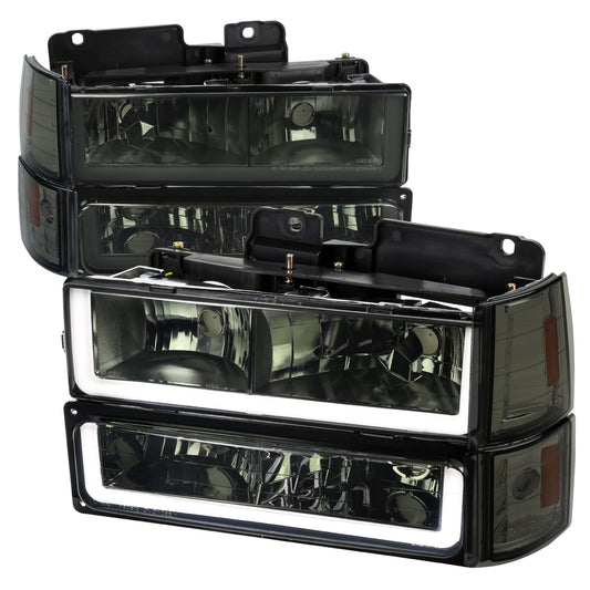 1994-1998 GMC C10/Sierra/Suburban/Yukon Factory Style Headlights w/LED Strip and Bumper & Corner Lights (Chrome Housing/Smoked Lens)