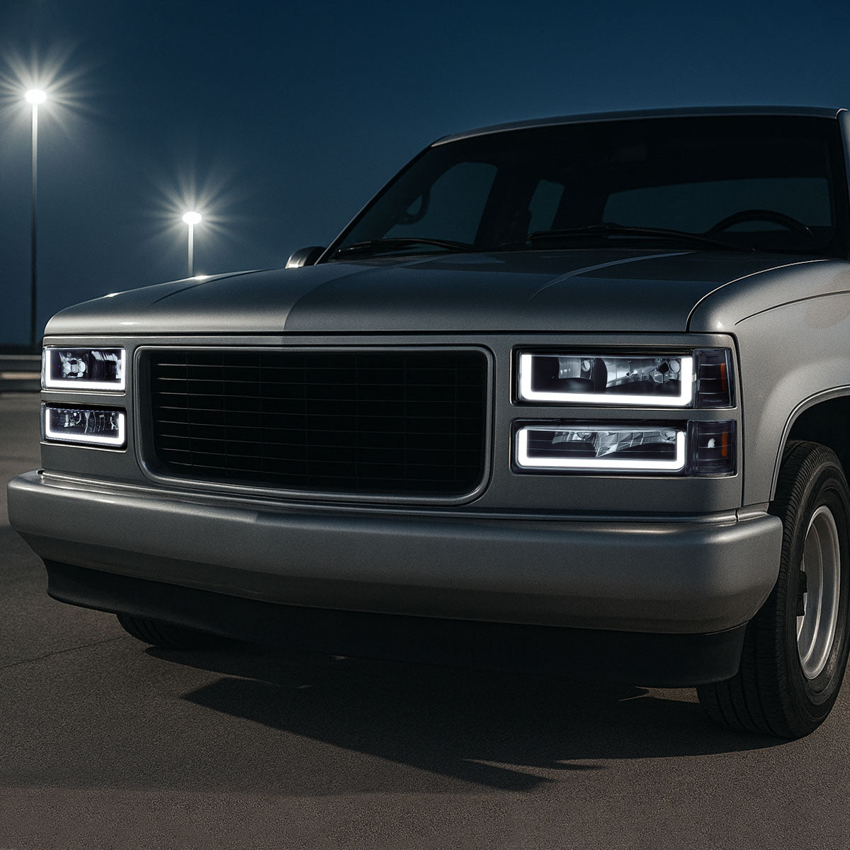 1994-1998 GMC C10/Sierra/Suburban/Yukon Factory Style Headlights w/LED Strip and Bumper & Corner Lights (Matte Black Housing/ Clear Lens)