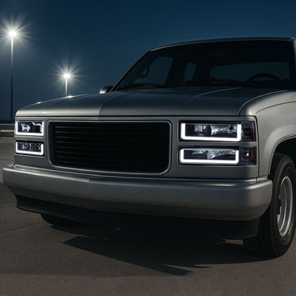 1994-1998 GMC C10/Sierra/Suburban/Yukon Factory Style Headlights w/LED Strip and Bumper & Corner Lights (Matte Black Housing/ Clear Lens)