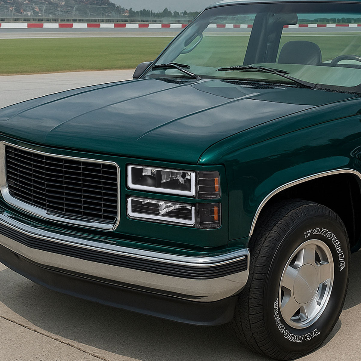 1994-1998 GMC C10/Sierra/Suburban/Yukon Factory Style Headlights w/LED Strip and Bumper & Corner Lights (Matte Black Housing/ Clear Lens)