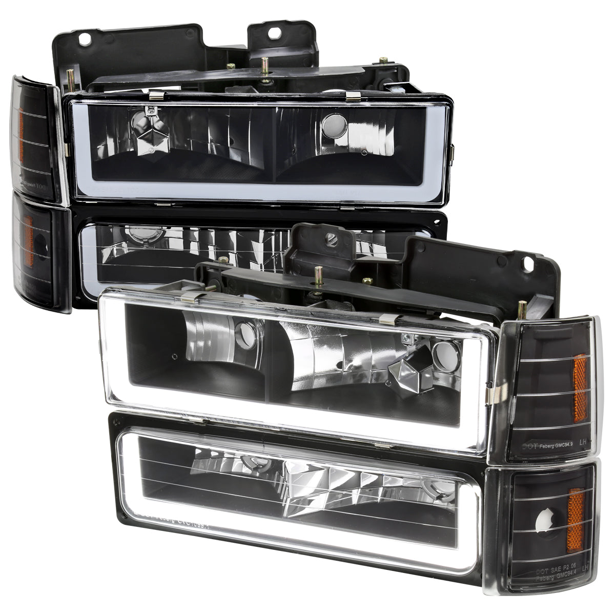 1994-1998 GMC C10/Sierra/Suburban/Yukon Factory Style Headlights w/LED Strip and Bumper & Corner Lights (Matte Black Housing/ Clear Lens)