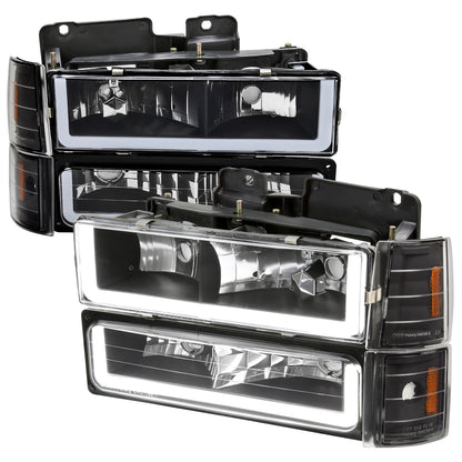 1994-1998 GMC C10/Sierra/Suburban/Yukon Factory Style Headlights w/LED Strip and Bumper & Corner Lights (Matte Black Housing/ Clear Lens)