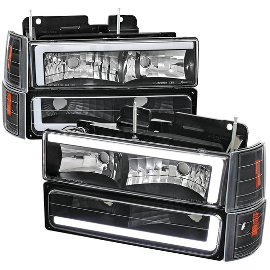 1994-1998 GMC C10 / C/K / Suburban / Sierra / Yukon  LED Bar Factory Style Headlights, Corner Lights, and Bumper Lights (Matte Black Housing/Clear Lens)