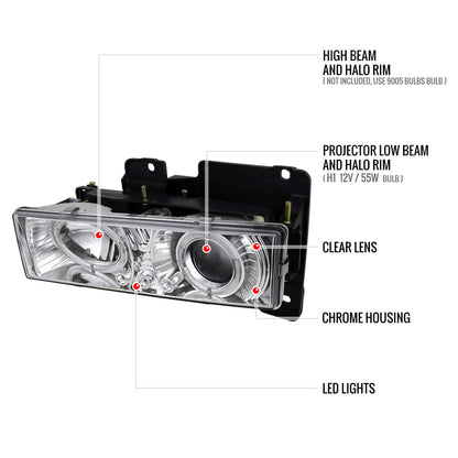 1994-1998 Chevrolet C/K 1500 2500/Tahoe Dual Halo Projector Headlights With Bumper and Corner Signal Lights (Chrome Housing/Clear Lens)