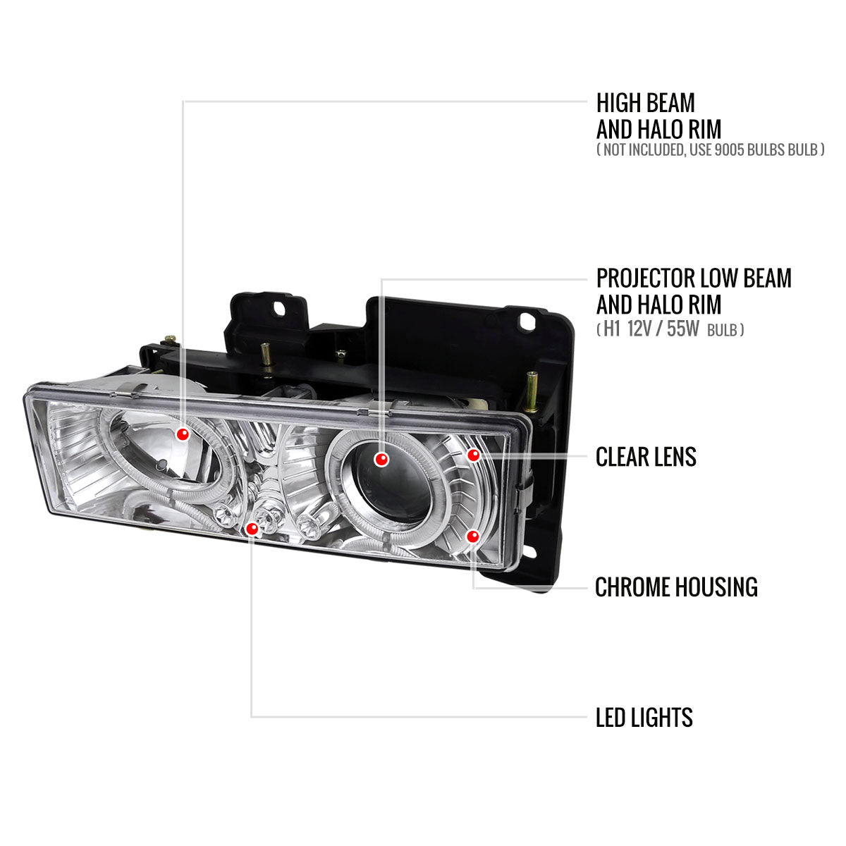 1994-1999 GMC C/K C10 Sierra Dual Halo Projector Headlights With Bumper and Corner Signal Lights (Chrome Housing/Clear Lens)