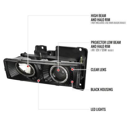 1994-1999 GMC C/K C10 Sierra Dual Halo Projector Headlights With Bumper and Corner Signal Lights (Matte Black Housing/Clear Lens)