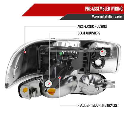 1999-2006 GMC Sierra 1500/2500/3500 Denali/2000-2006 Yukon/Yukon XL Denali Factory Style Headlights and Bumper Lights (Chrome Housing/Clear Lens)