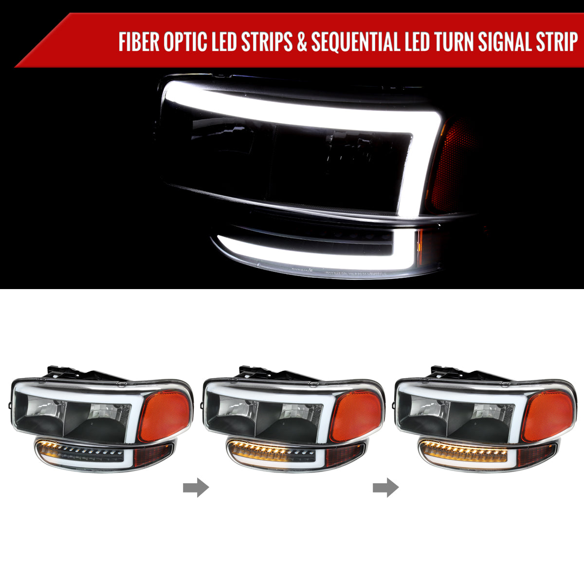 1999-2006 GMC Sierra Denali/2007 Sierra Classic Denali/2000-2006 Yukon/XL Denali Factory Style Headlights with LED Sequential Turn Signal Bumper Lights (Matte Black Housing/Clear Lens)