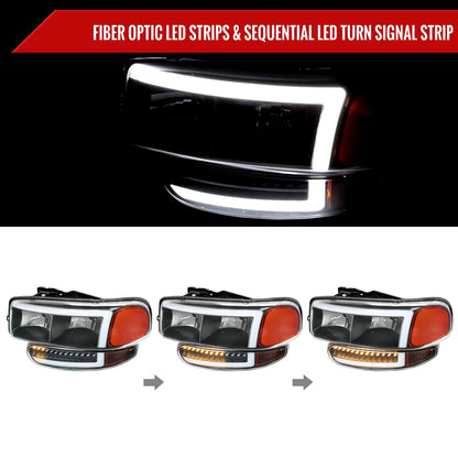1999-2006 GMC Sierra Denali/2007 Sierra Classic Denali/2000-2006 Yukon/XL Denali Factory Style Headlights with LED Sequential Turn Signal Bumper Lights (Matte Black Housing/Clear Lens)