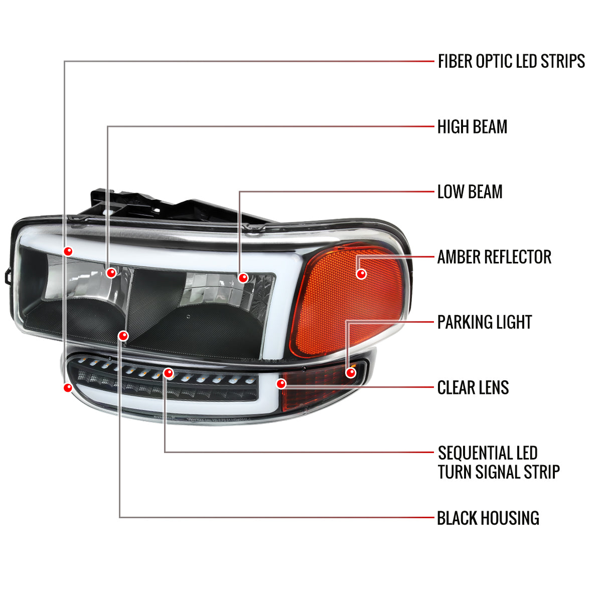 1999-2006 GMC Sierra Denali/2007 Sierra Classic Denali/2000-2006 Yukon/XL Denali Factory Style Headlights with LED Sequential Turn Signal Bumper Lights (Matte Black Housing/Clear Lens)