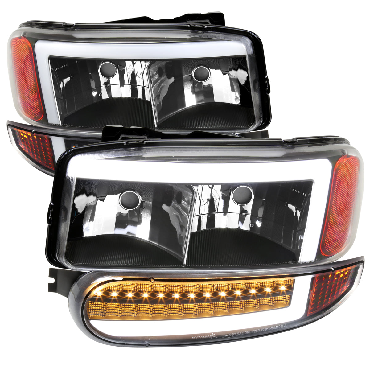 1999-2006 GMC Sierra Denali/2007 Sierra Classic Denali/2000-2006 Yukon/XL Denali Factory Style Headlights with LED Sequential Turn Signal Bumper Lights (Matte Black Housing/Clear Lens)