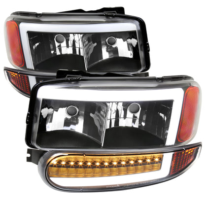 1999-2006 GMC Sierra Denali/2007 Sierra Classic Denali/2000-2006 Yukon/XL Denali Factory Style Headlights with LED Sequential Turn Signal Bumper Lights (Matte Black Housing/Clear Lens)