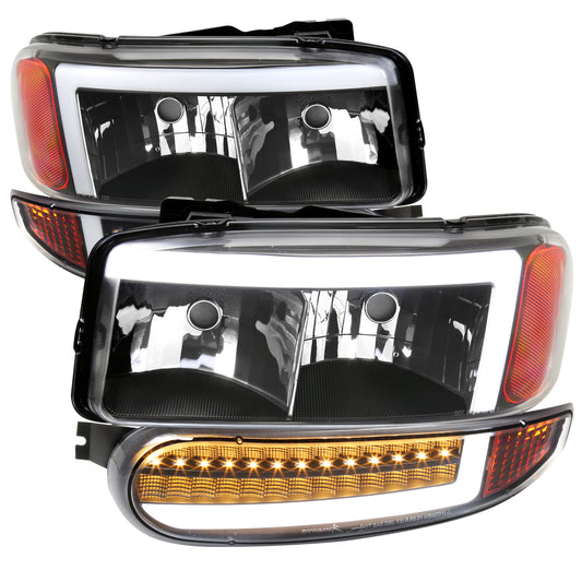 1999-2006 GMC Sierra Denali/2007 Sierra Classic Denali/2000-2006 Yukon/XL Denali Factory Style Headlights with LED Sequential Turn Signal Bumper Lights (Matte Black Housing/Clear Lens)