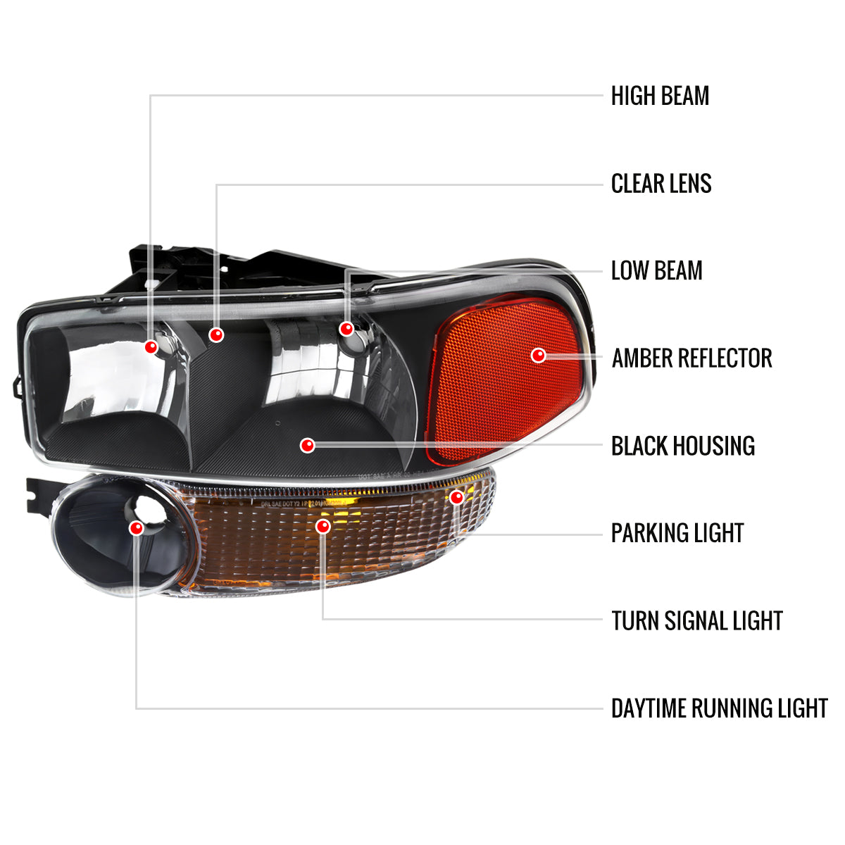 1999-2006 GMC Sierra 1500/2500/3500 Denali/2000-2006 Yukon/Yukon XL Denali Factory Style Headlights and Bumper Lights (Matte Black Housing/Clear Lens)