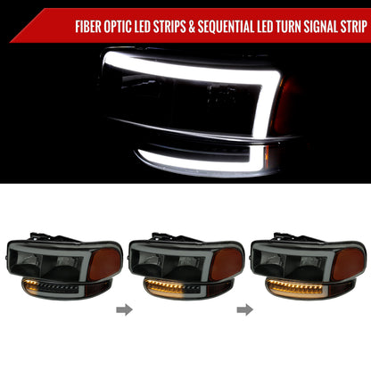 1999-2006 GMC Sierra Denali/2007 Sierra Classic Denali/2000-2006 Yukon/XL Denali Factory Style Headlights with LED Sequential Turn Signal Bumper Lights (Matte Black Housing/Smoked Lens)