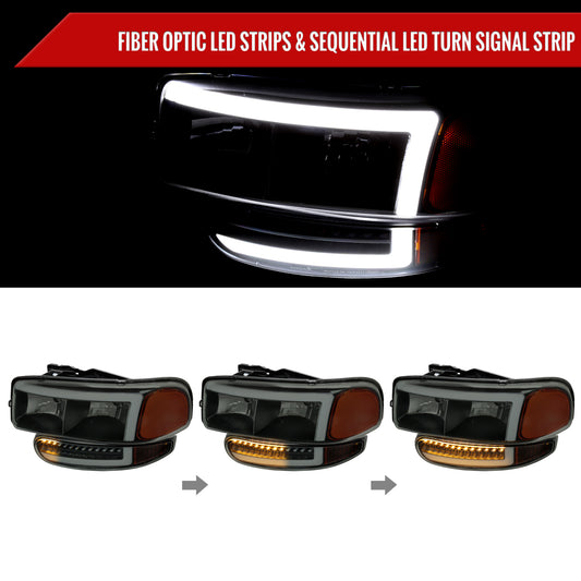 1999-2006 GMC Sierra Denali/2007 Sierra Classic Denali/2000-2006 Yukon/XL Denali Factory Style Headlights with LED Sequential Turn Signal Bumper Lights (Matte Black Housing/Smoked Lens)