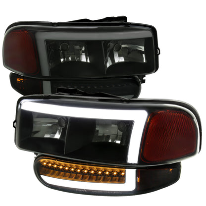 1999-2006 GMC Sierra Denali/2007 Sierra Classic Denali/2000-2006 Yukon/XL Denali Factory Style Headlights with LED Sequential Turn Signal Bumper Lights (Matte Black Housing/Smoked Lens)