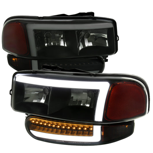 1999-2006 GMC Sierra Denali/2007 Sierra Classic Denali/2000-2006 Yukon/XL Denali Factory Style Headlights with LED Sequential Turn Signal Bumper Lights (Matte Black Housing/Smoked Lens)