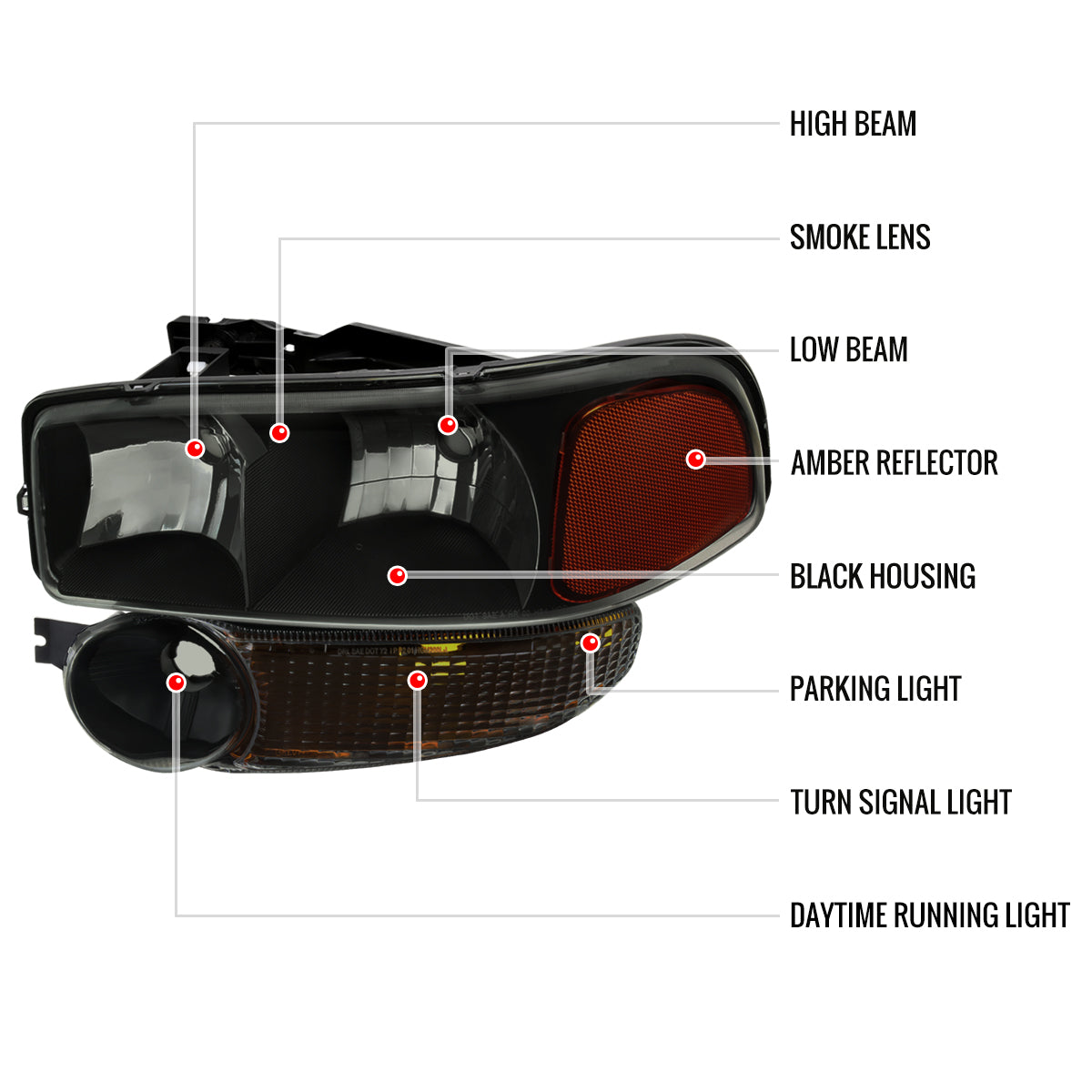1999-2006 GMC Sierra 1500/2500/3500 Denali/2000-2006 Yukon/Yukon XL Denali Factory Style Headlights and Bumper Lights (Matte Black Housing/Smoked Lens)