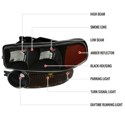 1999-2006 GMC Sierra 1500/2500/3500 Denali/2000-2006 Yukon/Yukon XL Denali Factory Style Headlights and Bumper Lights (Matte Black Housing/Smoked Lens)