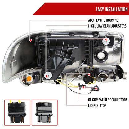 1999-2006 GMC Sierra/2007 Sierra Classic/2000-2006 Yukon/XL Factory Style Headlights and Sequential Turn Signal Bumper Lights (Chrome Housing/Clear Lens)