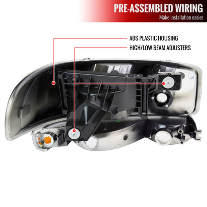 1999-2006 GMC Sierra/2007 Sierra Classic/2000-2006 Yukon/XL Factory Style Headlights and Bumper Lights with Amber Reflector (Chrome Housing/Clear Lens)