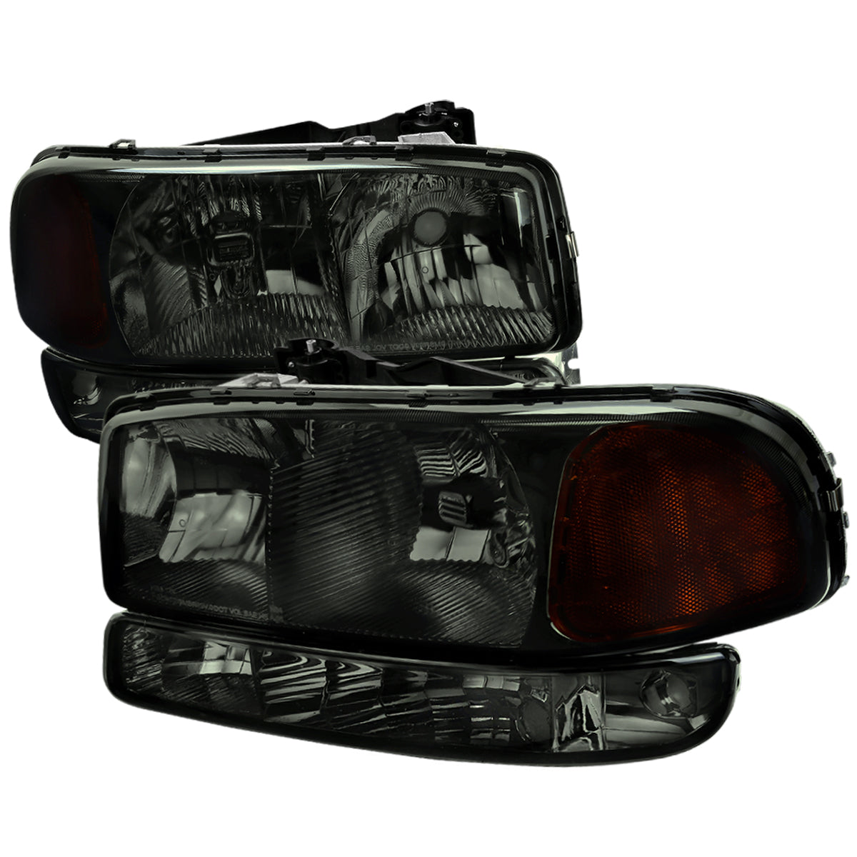 1999-2007 GMC Sierra/ 2000-2006 Yukon/Yukon XL Factory Style Crystal Headlights w/ Amber Reflector & Bumper Lights (Chrome Housing/Smoked Lens)