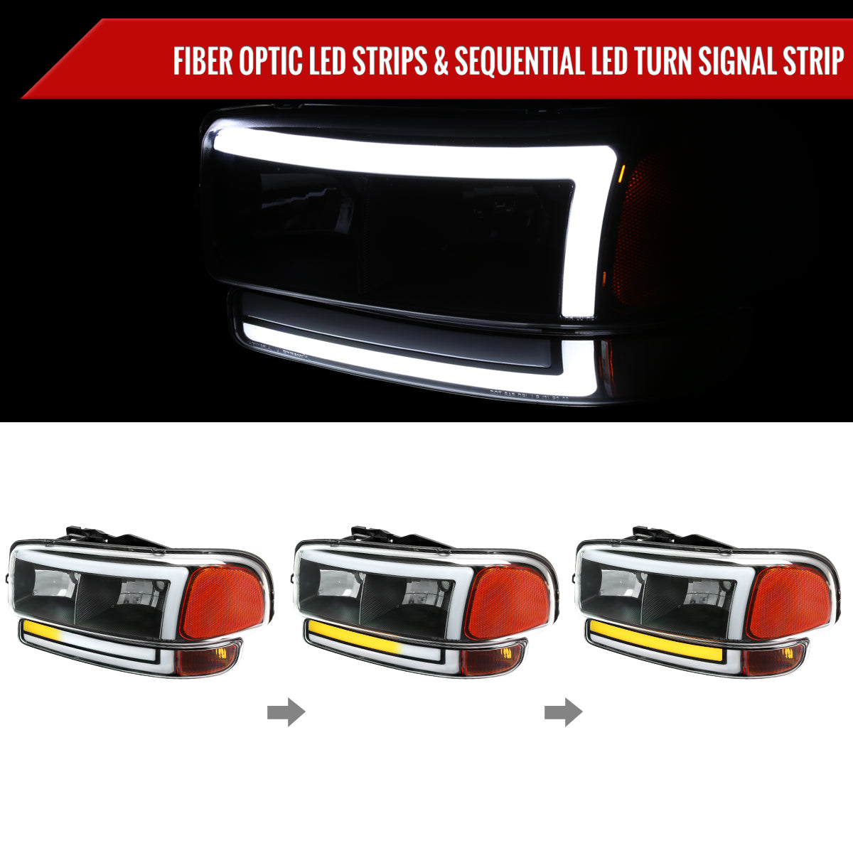 1999-2006 GMC Sierra/2007 Sierra Classic/2000-2006 Yukon/XL Factory Style Headlights and Sequential Turn Signal Bumper Lights (Matte Black Housing/Clear Lens)