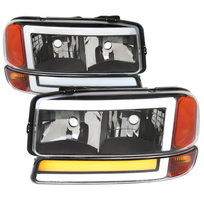 1999-2006 GMC Sierra/2007 Sierra Classic/2000-2006 Yukon/XL Factory Style Headlights and Sequential Turn Signal Bumper Lights (Matte Black Housing/Clear Lens)