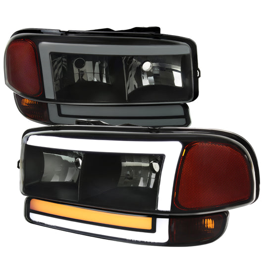 1999-2006 GMC Sierra/2007 Sierra Classic/2000-2006 Yukon/XL Factory Style Headlights and Sequential Turn Signal Bumper Lights (Matte Black Housing/Smoked Lens)