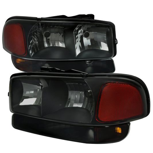 1999-2006 GMC Sierra/2007 Sierra Classic/2000-2006 Yukon/XL Factory Style Headlights and Bumper Lights with Amber Reflector (Matte Black Housing/Smoked Lens)