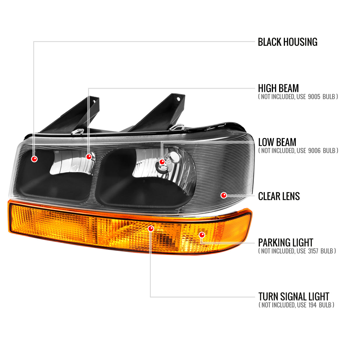 2003-2023 Chevrolet Express/GMC Savana Factory Style Headlights w/ Amber Lens Bumper Lamp (Black Housing/Clear Lens)