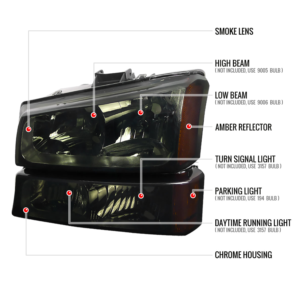 2002-2006 Chevrolet Avalanche/ 2003-2007 Silverado Factory Style Headlights w/ Bumper Lights (Chrome Housing/Smoked Lens)