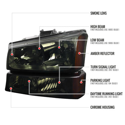 2002-2006 Chevrolet Avalanche/ 2003-2007 Silverado Factory Style Headlights w/ Bumper Lights (Chrome Housing/Smoked Lens)