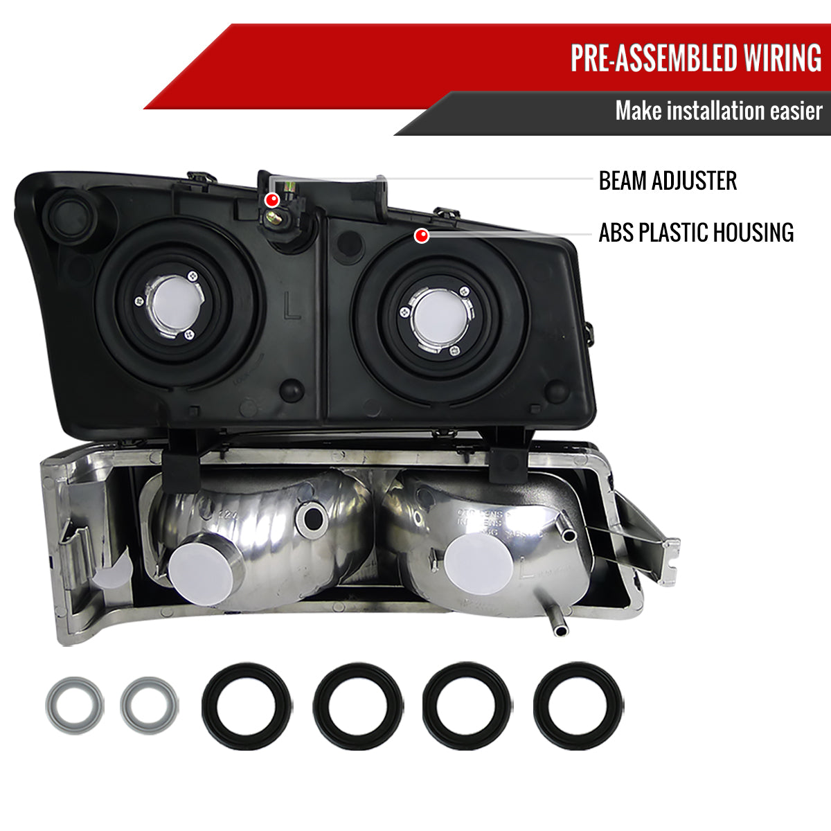 2002-2006 Chevrolet Avalanche/ 2003-2007 Silverado Factory Style Headlights w/ Bumper Lights (Matte Black Housing/Clear Lens)