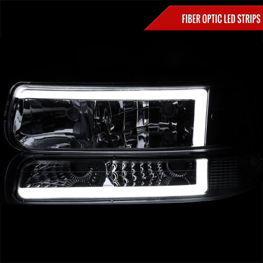 1999-2002 Chevrolet Silverado 1500 2500 / 2000-2006 Tahoe Suburban LED Bar Factory Style Headlights & Bumper Lights w/ Amber Reflector (Chrome Housing/Clear Lens)