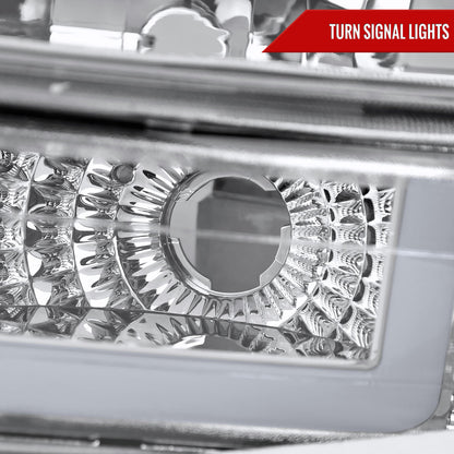 1999-2002 Chevrolet Silverado 1500 2500 / 2000-2006 Tahoe Suburban LED Bar Factory Style Headlights & Bumper Lights w/ Amber Reflector (Chrome Housing/Clear Lens)