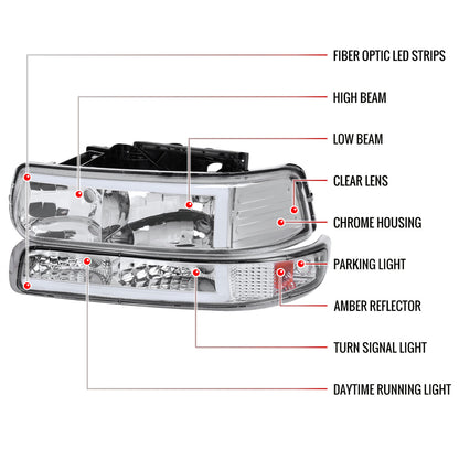 1999-2002 Chevrolet Silverado 1500 2500 / 2000-2006 Tahoe Suburban LED Bar Factory Style Headlights & Bumper Lights w/ Amber Reflector (Chrome Housing/Clear Lens)