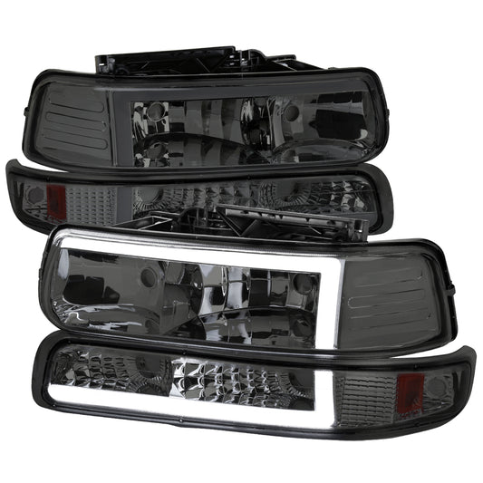 1999-2002 Chevrolet Silverado 1500 2500 / 2000-2006 Tahoe Suburban LED Bar Factory Style Headlights & Bumper Lights w/ Amber Reflector (Chrome Housing/Smoked Lens)