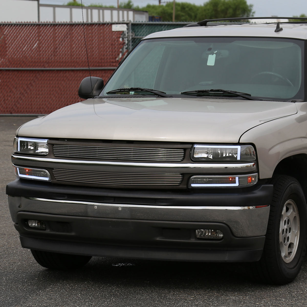 1999-2002 Chevrolet Silverado 1500 2500 / 2000-2006 Tahoe Suburban LED Bar Factory Style Headlights & Bumper Lights w/ Amber Reflector (Matte Black Housing/Clear Lens)
