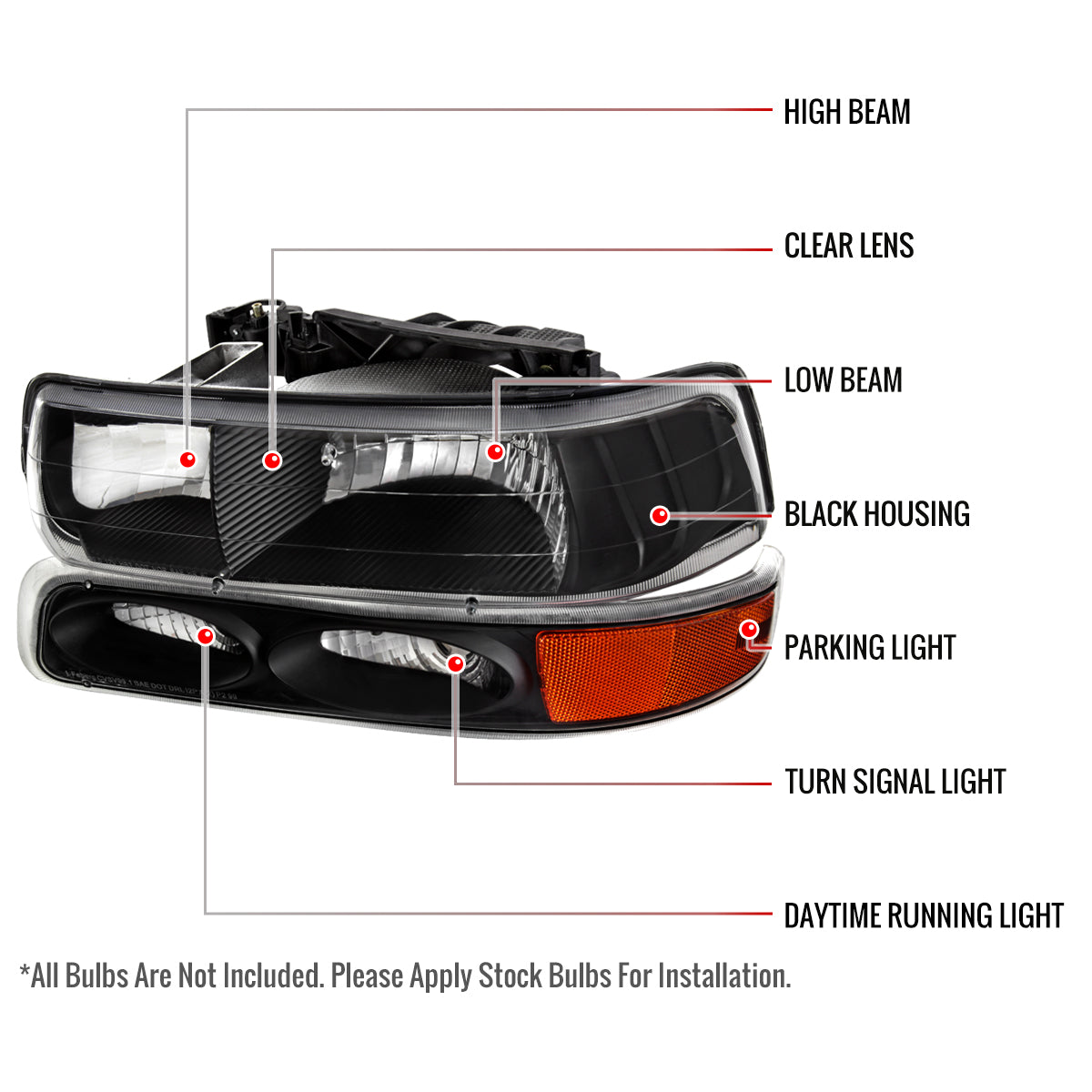 1999-2002 Chevrolet Silverado/ 2000-2006 Tahoe/Suburban Factory Style Headlights w/ Bumper Light Assembly (Matte Black Housing/Clear Lens)