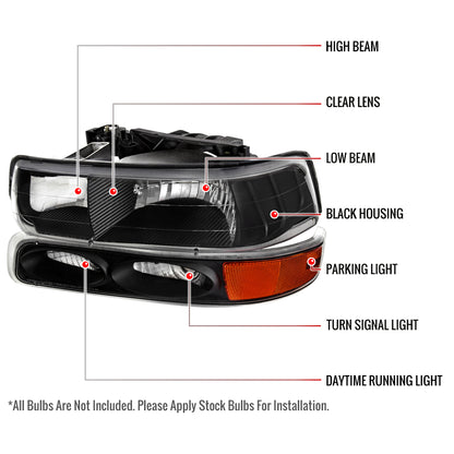 1999-2002 Chevrolet Silverado/ 2000-2006 Tahoe/Suburban Factory Style Headlights w/ Bumper Light Assembly (Matte Black Housing/Clear Lens)
