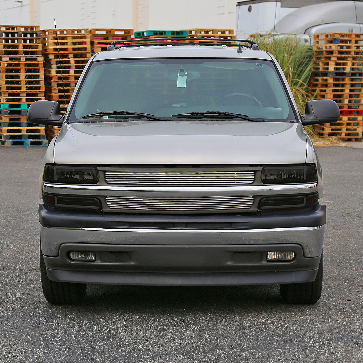 1999-2002 Chevrolet Silverado 1500 2500 / 2000-2006 Tahoe Suburban LED Bar Factory Style Headlights & Bumper Lights with Amber Reflector (Black Housing/Smoked Lens)