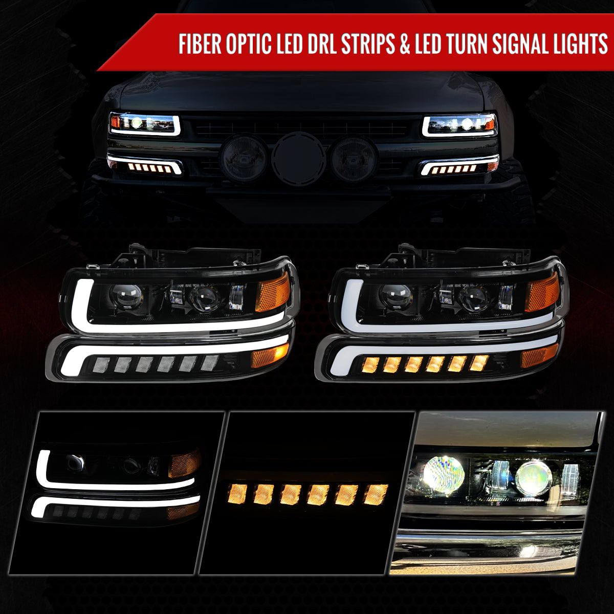 1999-2002 Chevrolet Silverado / 2000-2006 Tahoe / Suburban LED Projector DRL Headlights w/ Bumper Lights (Jet Black Housing/Clear Lens)